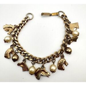 Vintage Equestrian Bracelet Multi Charm Gold Tone Horse Head Pearl READ